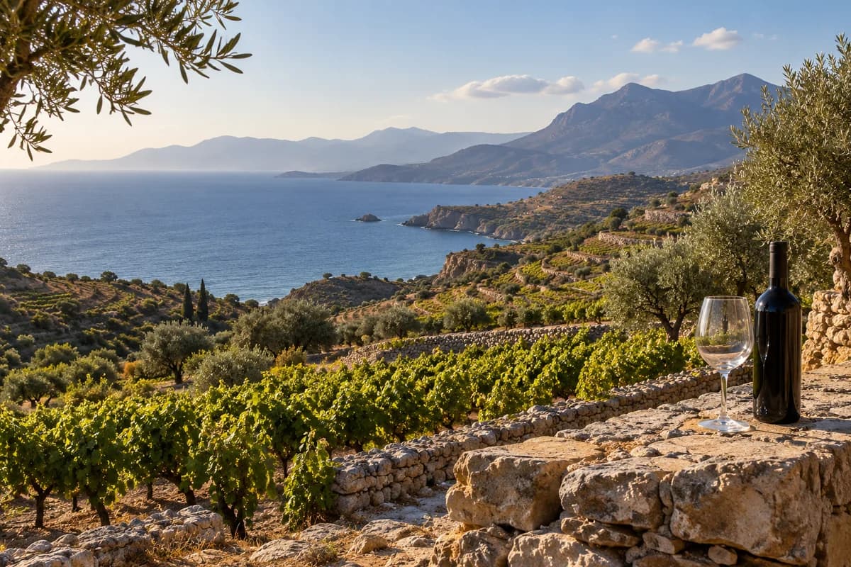 Illustrative coastal vineyard inspired by Crete