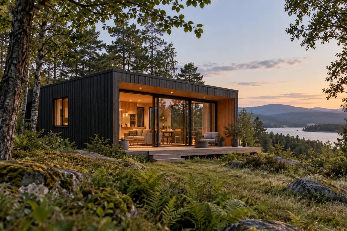 Illustrative modular cabin in a wooded lakeside setting