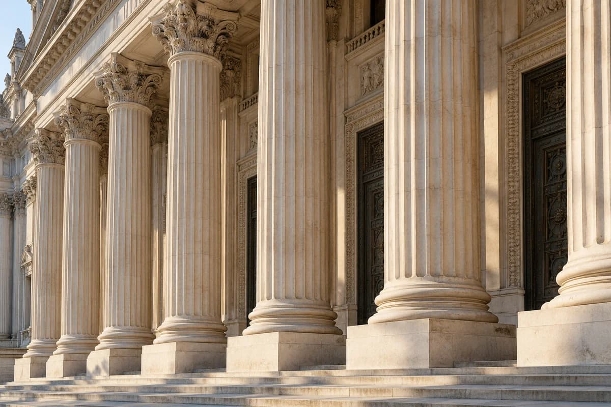 Illustrative classical courthouse columns in warm stone