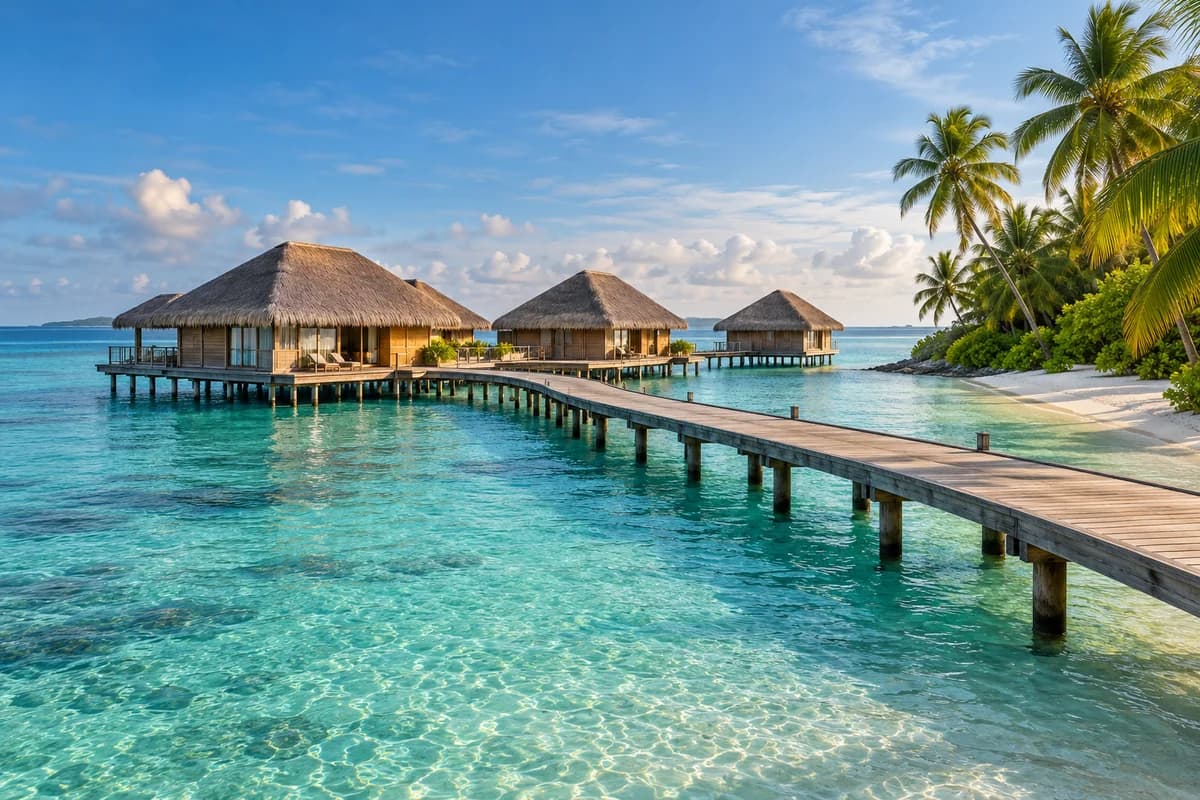 Illustrative overwater villas beside a Maldivian lagoon